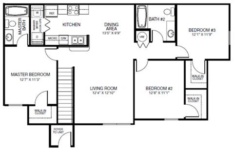 Floor plan for 3 beds, 2 baths, 1166 sqft
